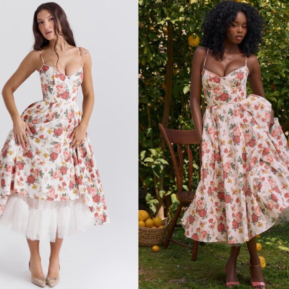 HOUSE OF CB Mademoiselle Italian Rose Print Tulle Midi Dress NWOT